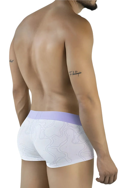 White clever 2056 maze trunks lilac briefs with a lavender waistband and abstract light gray flowing line pattern
