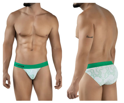 Men’s briefs with green and white maze pattern and bold green clever waistband in clever 2057 maze bikini color green