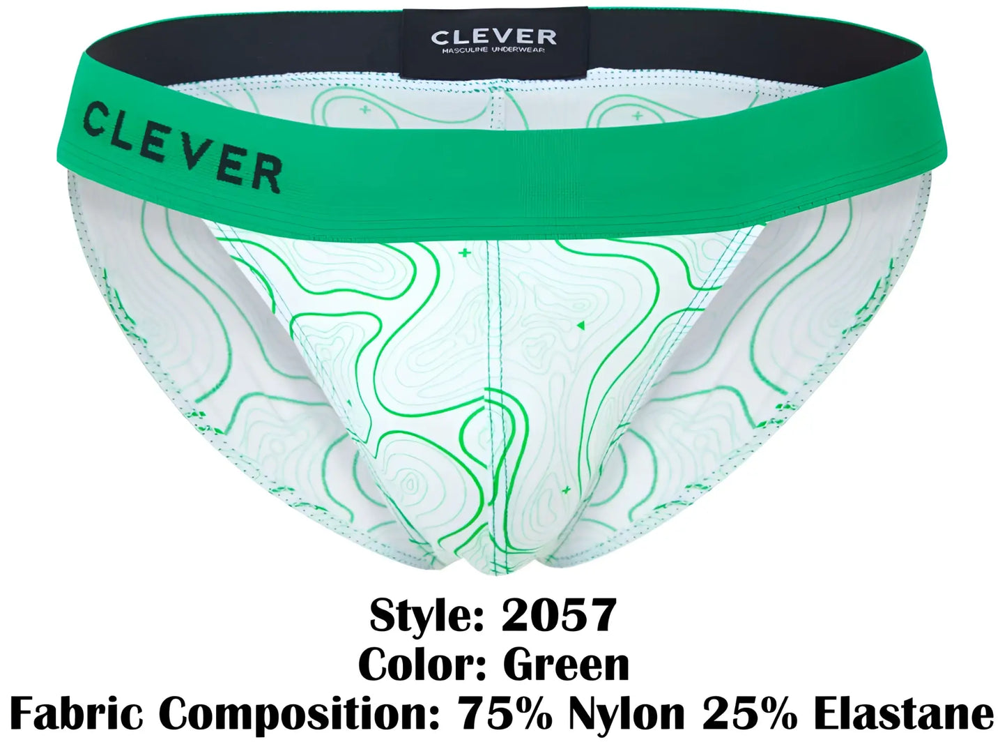 Green and white patterned men’s briefs with a bold green waistband featuring the clever brand name maze bikini color green