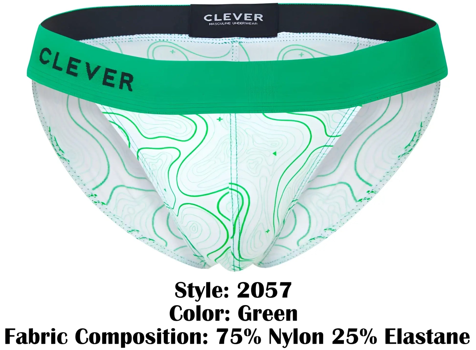 Green and white patterned men’s briefs with a bold green waistband featuring the clever brand name maze bikini color green