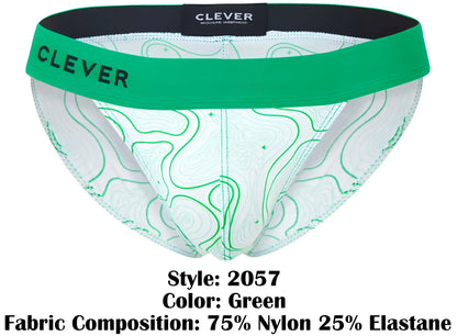 Green and white patterned men’s briefs with a bold green waistband featuring the clever brand name maze bikini color green