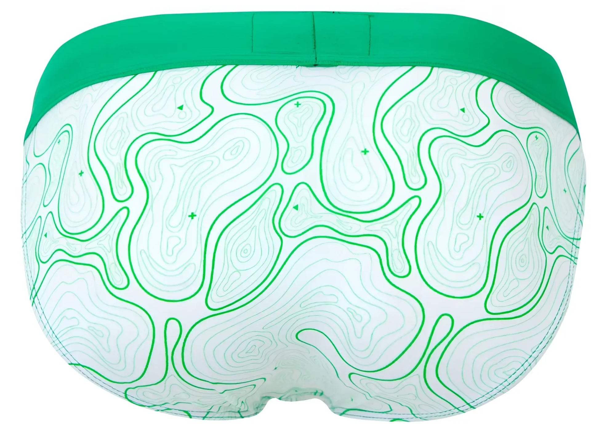 White briefs with green topographic map pattern and solid green waistband from clever 2057 maze bikini collection