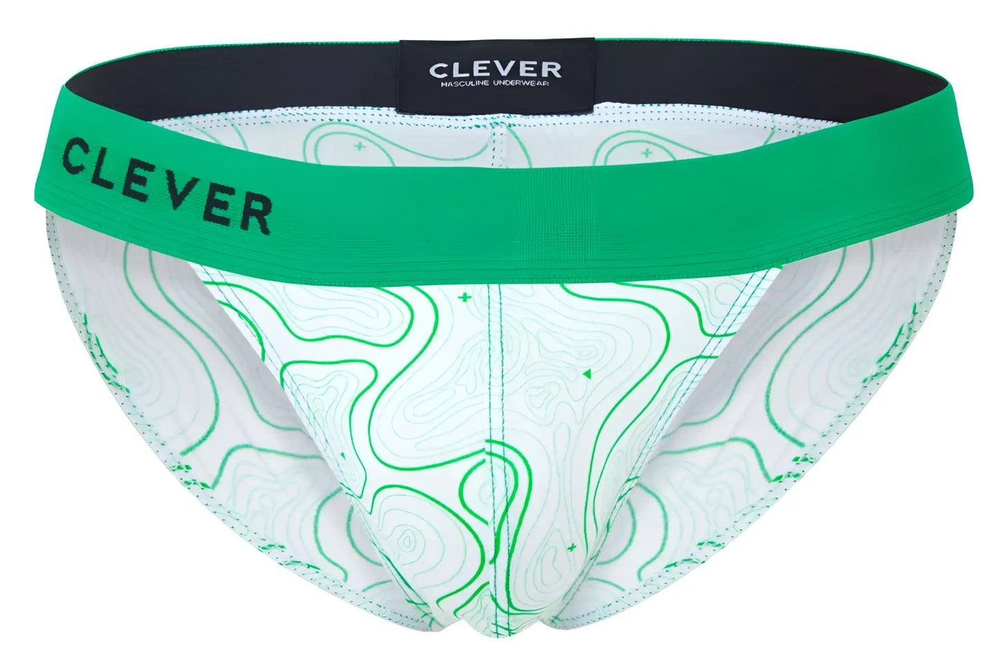 Green and white topographic patterned clever 2057 maze bikini underwear with bold green waistband and clever brand name