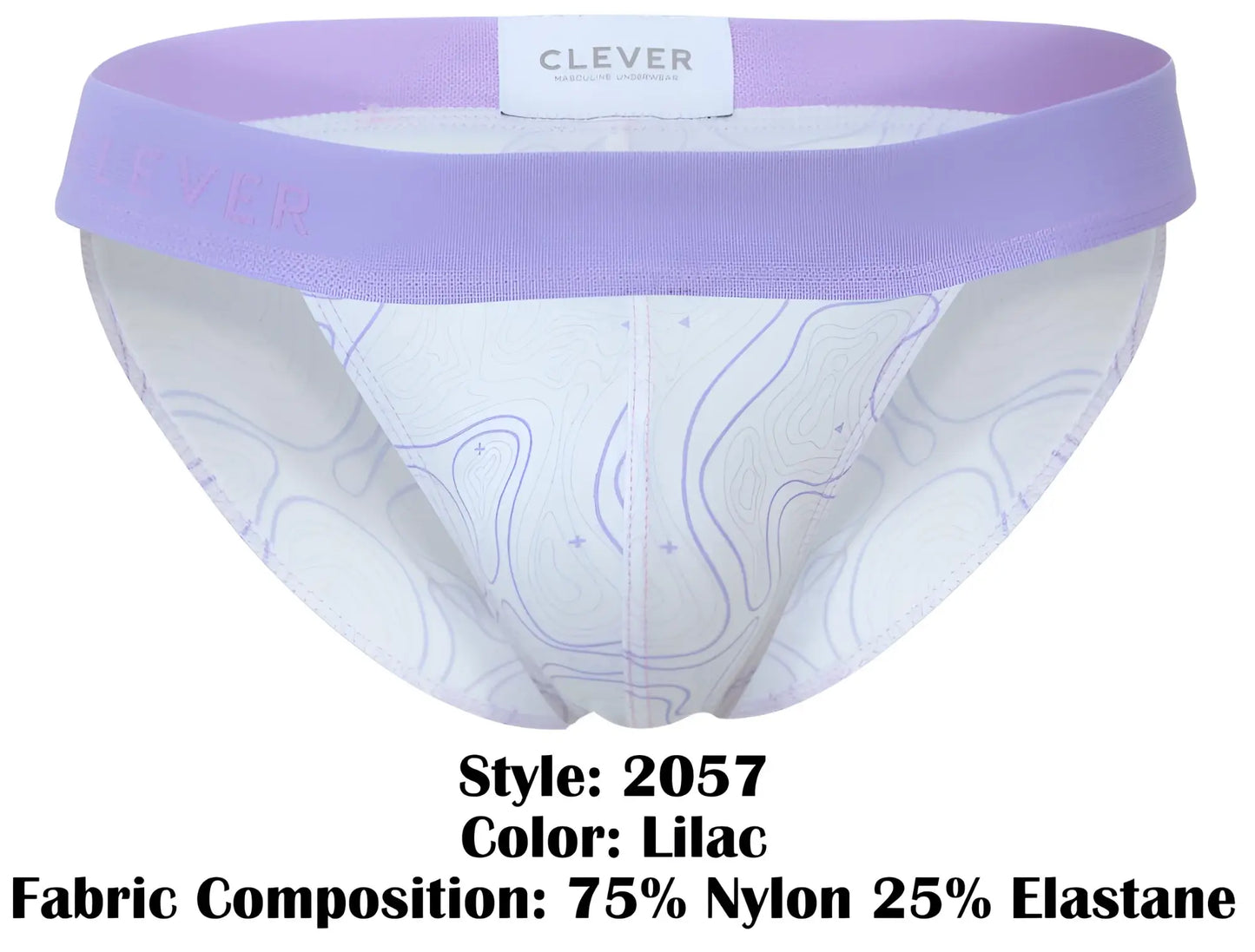Lilac-colored clever 2057 maze bikini underwear with white body, subtle purple contour patterns, and elastic waistband