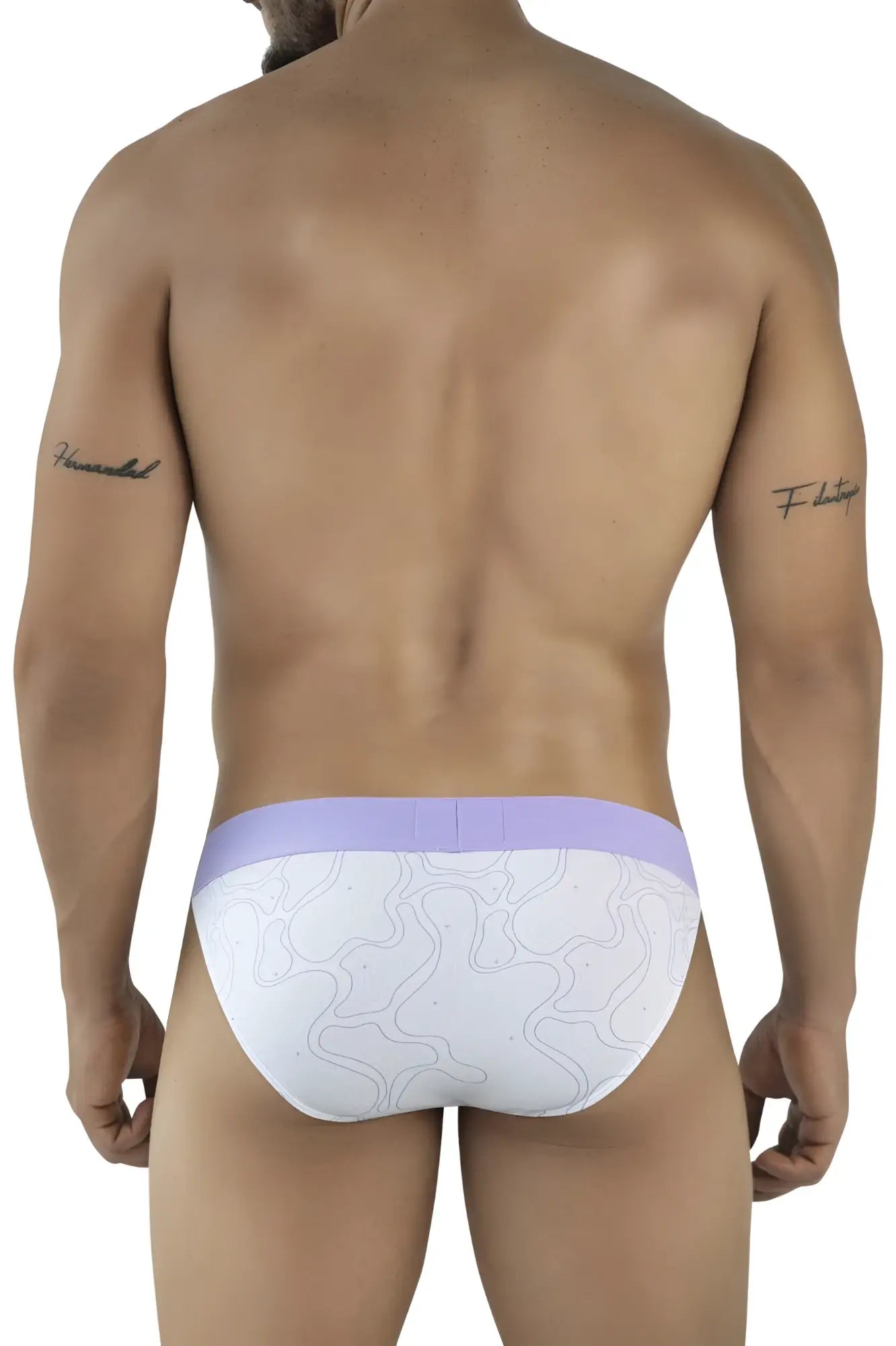 White clever 2057 maze bikini briefs with lavender waistband and subtle gray abstract line pattern in lilac color