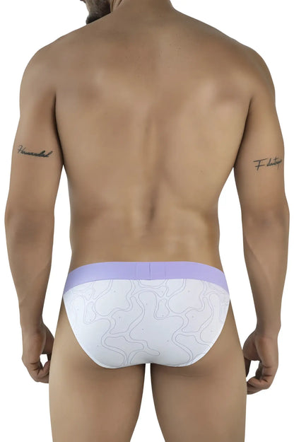 White clever 2057 maze bikini briefs with lavender waistband and subtle gray abstract line pattern in lilac color