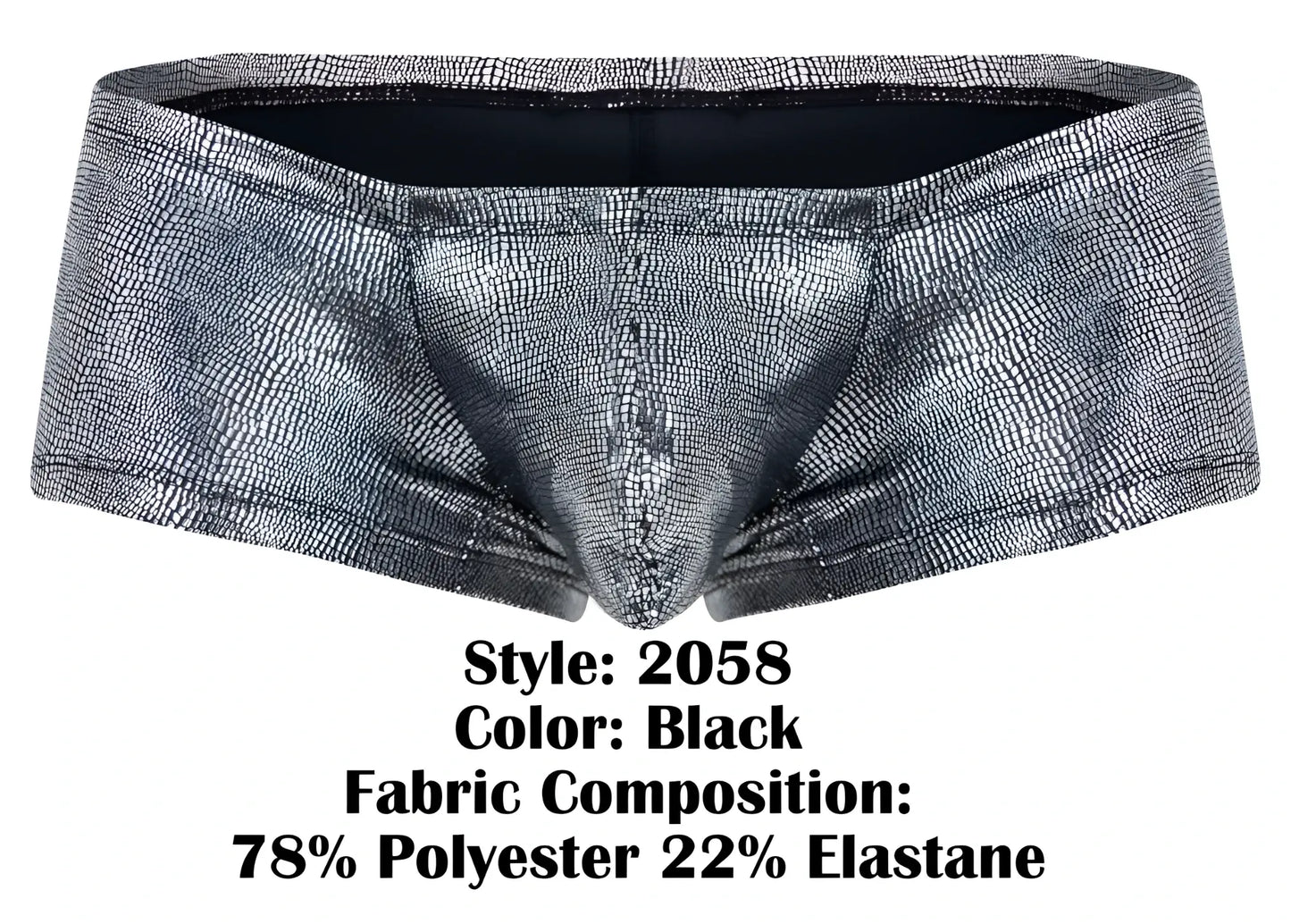 Black clever 2058 sparkles trunks briefs with metallic silver crocodile skin texture and elastic waistband