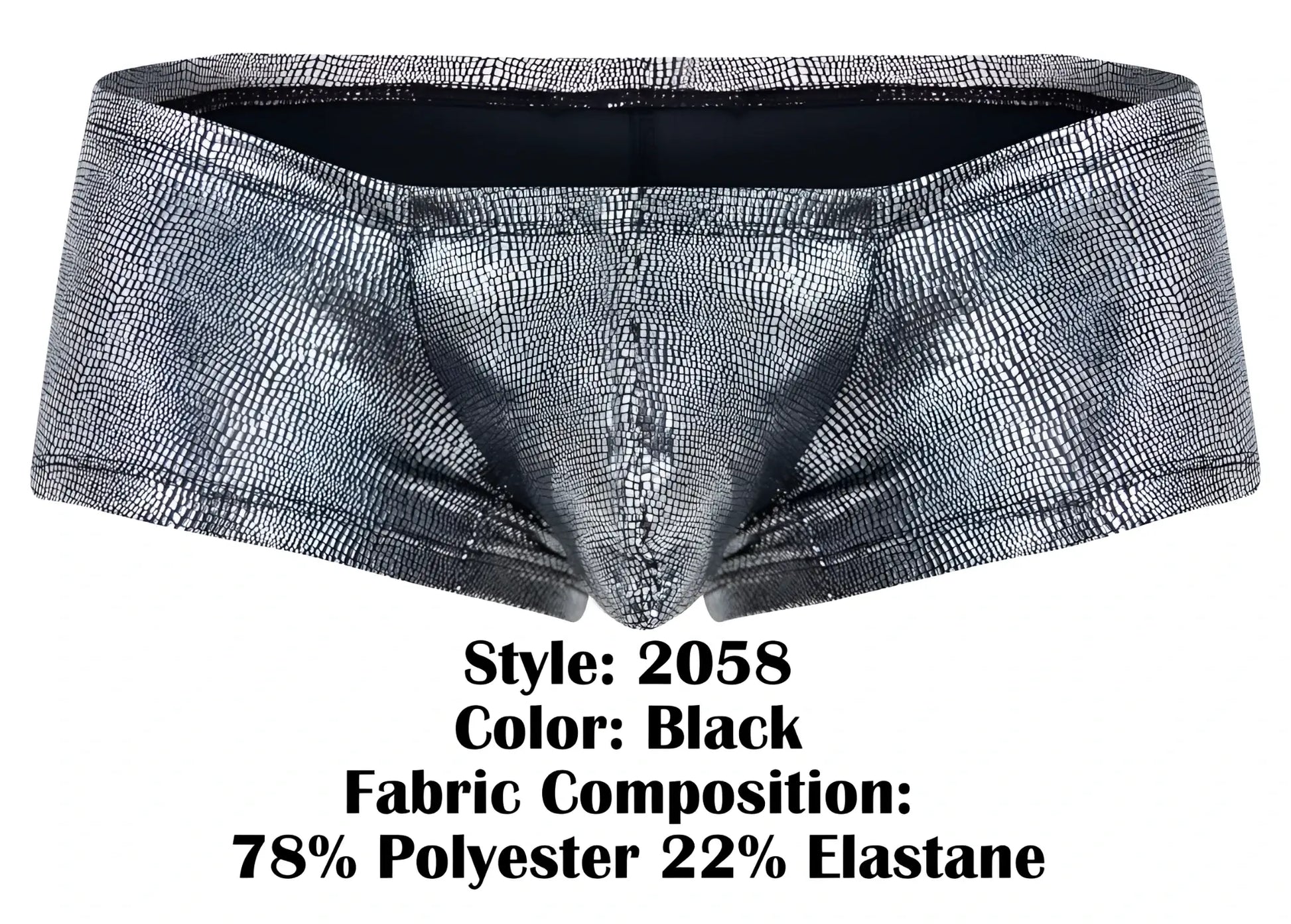 Black clever 2058 sparkles trunks briefs with metallic silver crocodile skin texture and elastic waistband