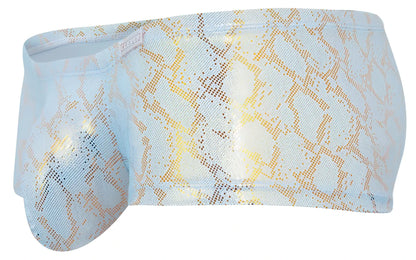 Light blue and gold snake print clever 2061 diamond swim trunks with shiny textured fabric for men