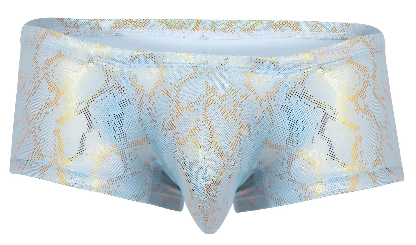Light blue and gold snakeskin-patterned men’s briefs with shiny textured fabric clever 2061 diamond trunks color blue