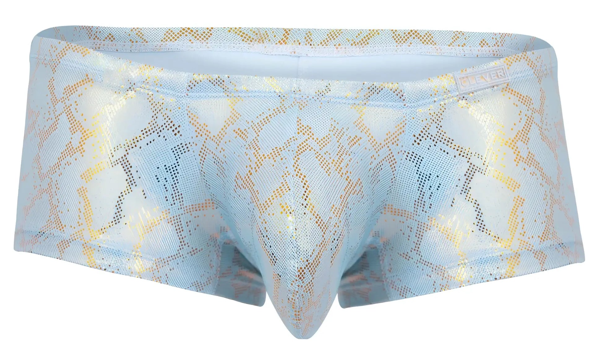 Light blue and gold snakeskin-patterned men’s briefs with shiny textured fabric clever 2061 diamond trunks color blue