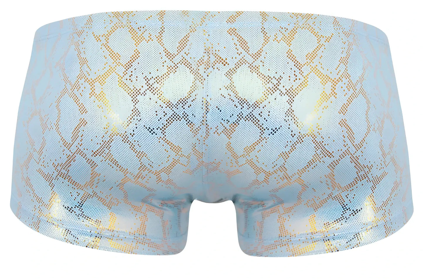 Light blue iridescent boxer briefs with shimmering gold snake-scale pattern from Clever 2061 Diamond Trunks collection