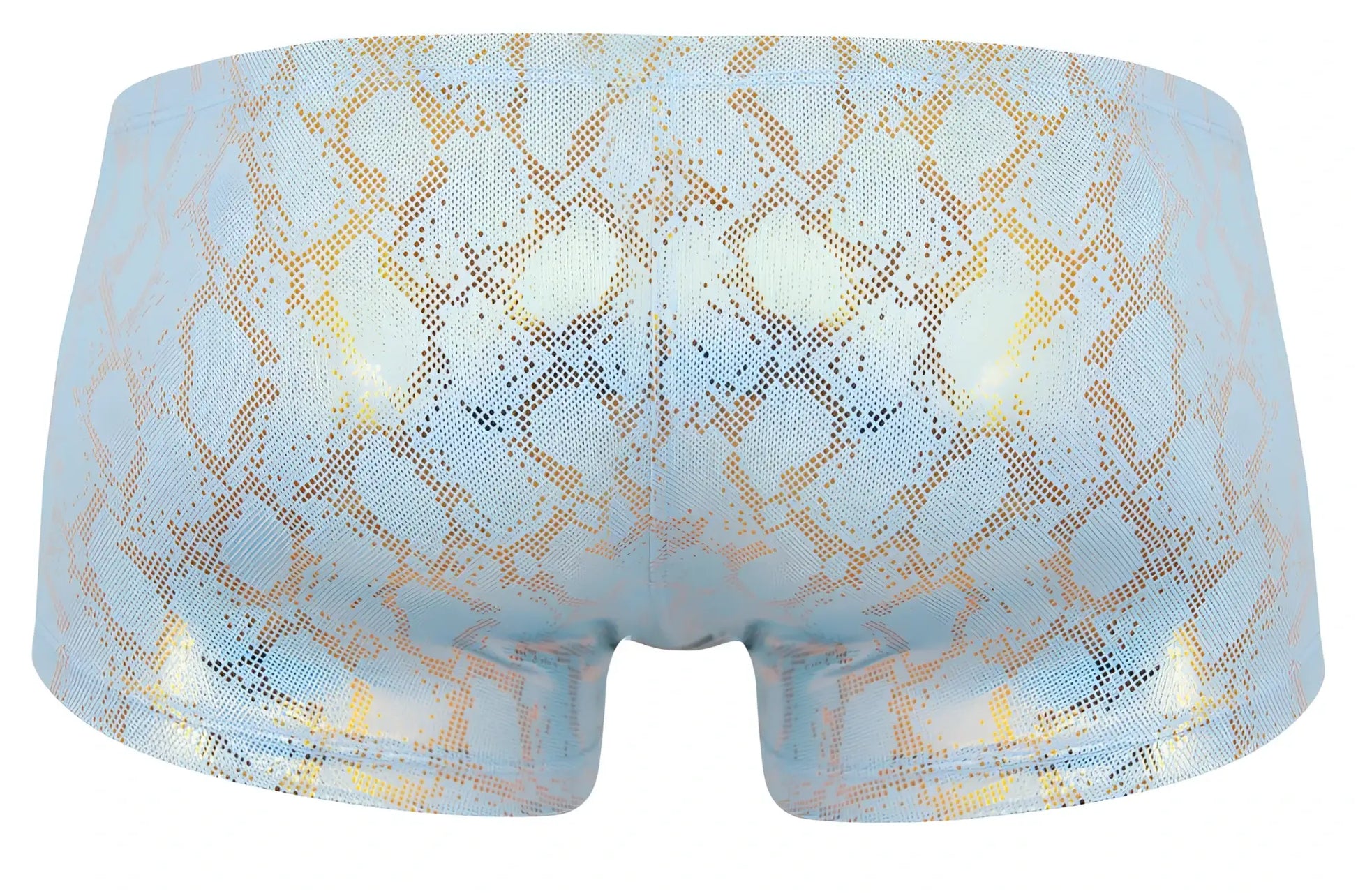 Light blue iridescent boxer briefs with shimmering gold snake-scale pattern from Clever 2061 Diamond Trunks collection