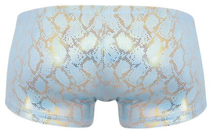 Light blue iridescent boxer briefs with shimmering gold snake-scale pattern from Clever 2061 Diamond Trunks collection
