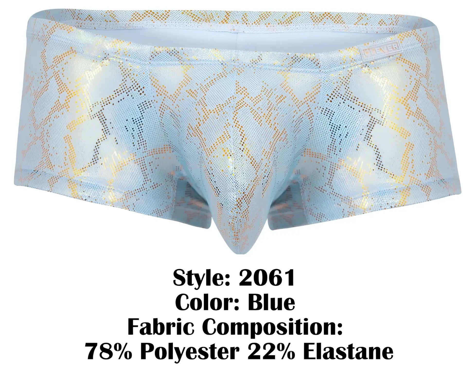 Light blue clever 2061 diamond trunks men’s briefs with shimmering gold snake print pattern front view
