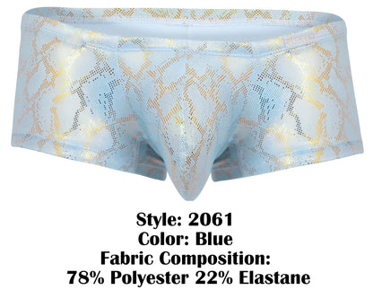 Light blue clever 2061 diamond trunks men’s briefs with shimmering gold snake print pattern front view