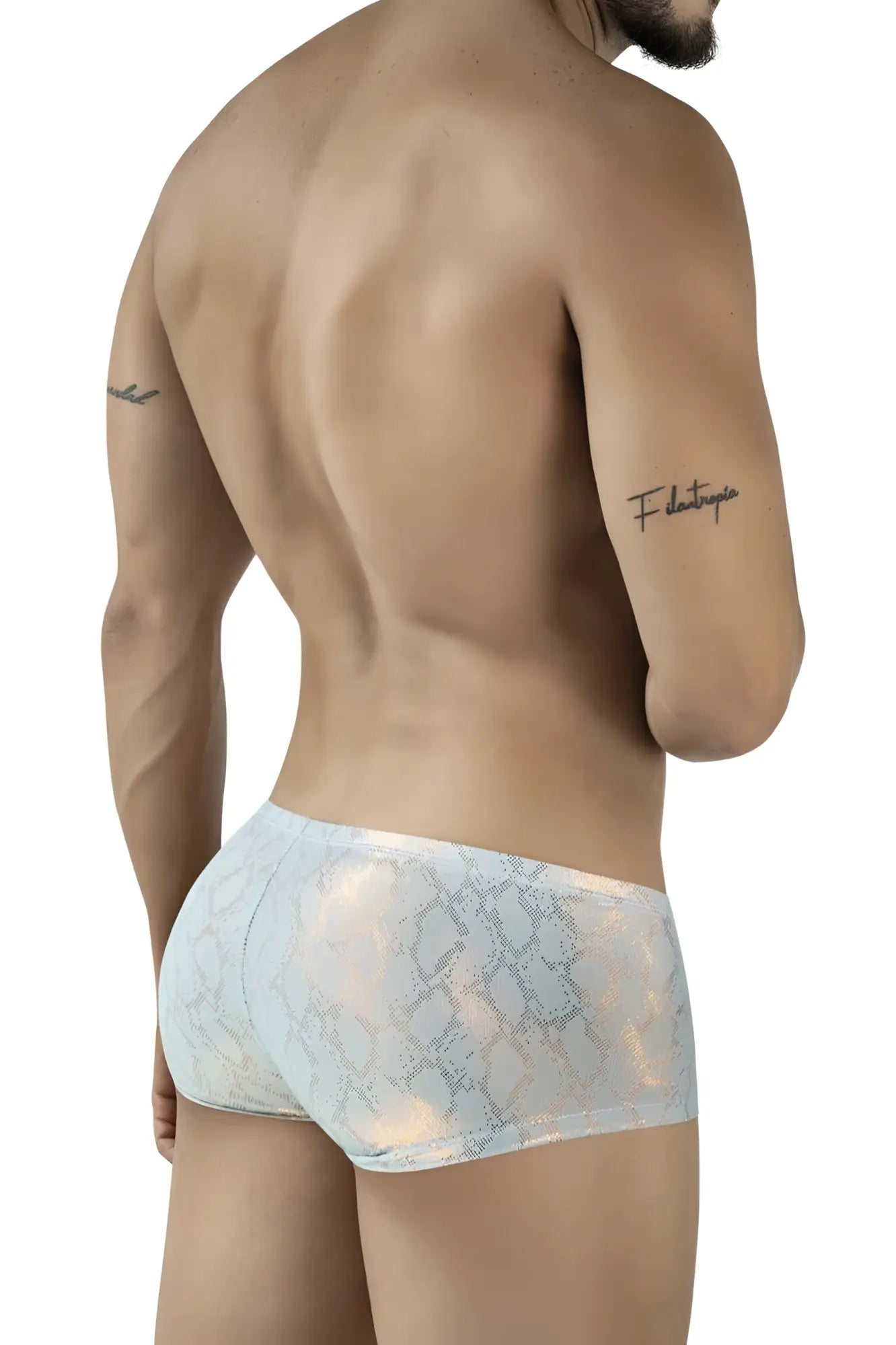Light blue and white snakeskin patterned clever 2061 diamond trunks men’s briefs with sheer shimmering texture
