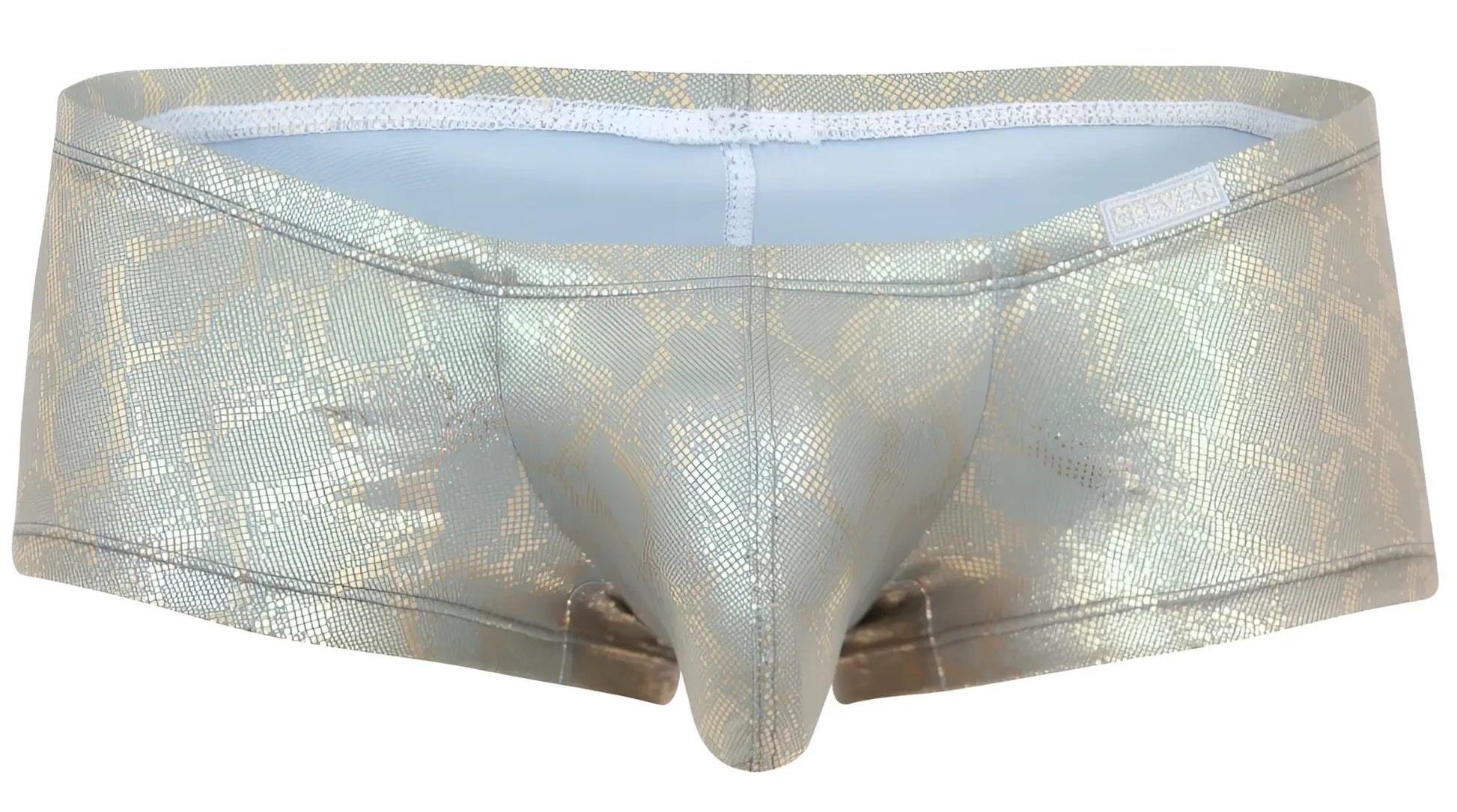 Shiny metallic silver snake-scale patterned men’s briefs clever 2061 diamond trunks with light blue lining