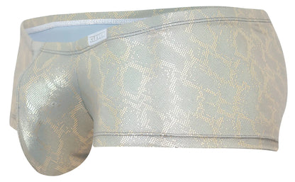 Silver metallic snake-scale patterned men’s briefs with light blue lining by clever in gold color diamond trunks design
