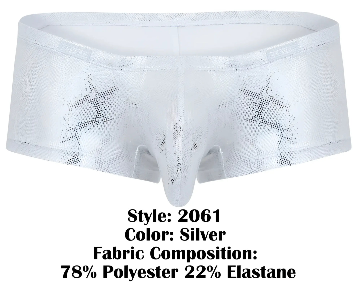 Silver clever 2061 diamond trunks featuring metallic briefs with a subtle star pattern and stretchy fabric