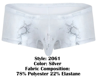 Silver clever 2061 diamond trunks featuring metallic briefs with a subtle star pattern and stretchy fabric