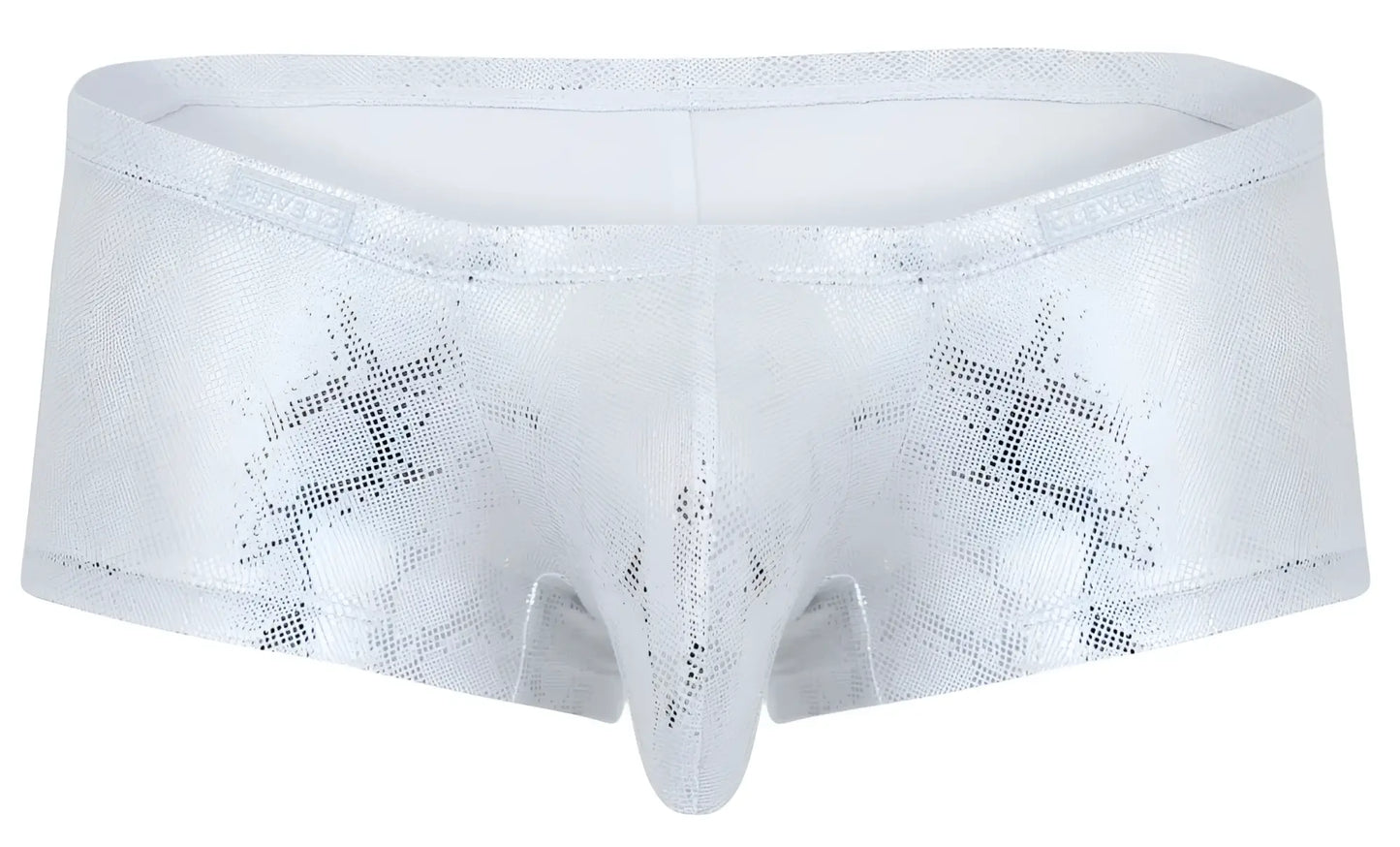 White metallic briefs with subtle snakeskin pattern and steve embroidered waistband clever 2061 diamond trunks silver