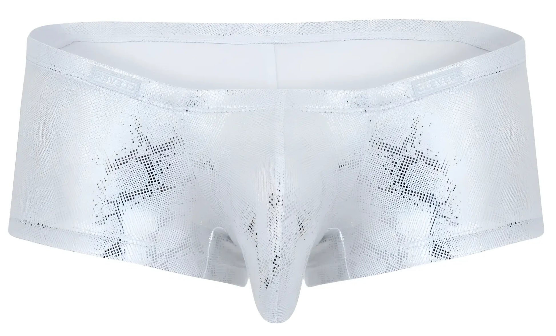 White metallic briefs with subtle snakeskin pattern and steve embroidered waistband clever 2061 diamond trunks silver
