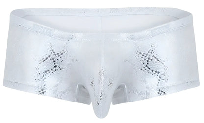 White metallic briefs with subtle snakeskin pattern and steve embroidered waistband clever 2061 diamond trunks silver