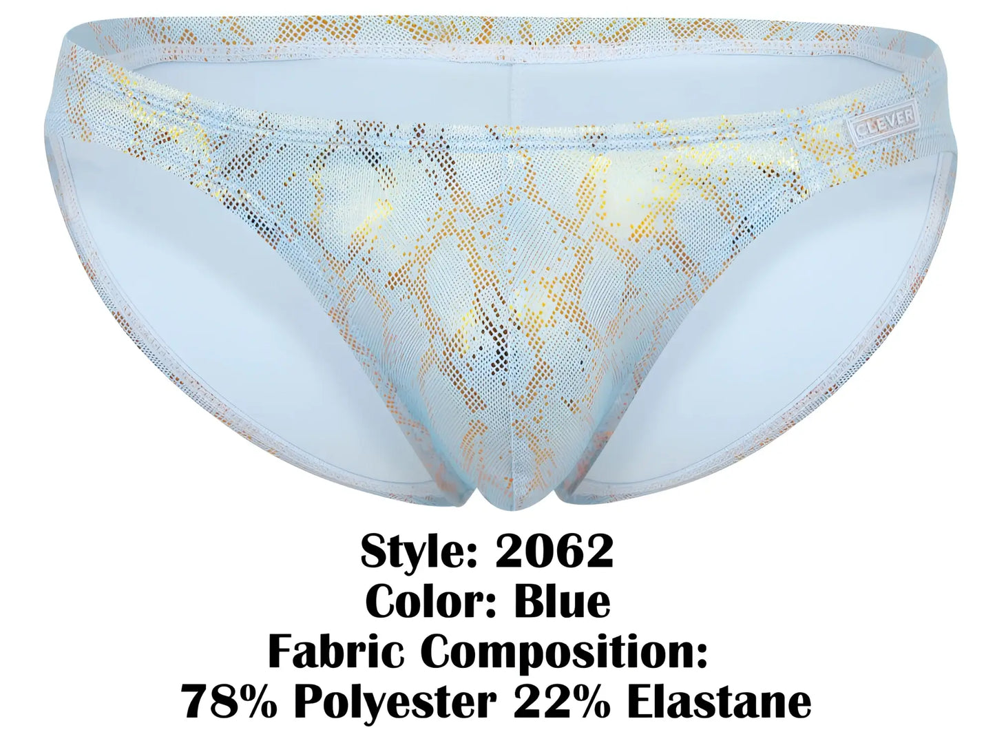 Clever 2062 diamond briefs blue swim trunks with shimmering gold snake-scale pattern and mesh detailing