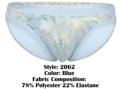Clever 2062 diamond briefs blue swim trunks with shimmering gold snake-scale pattern and mesh detailing