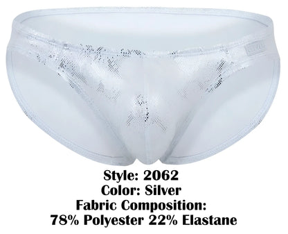 Silver clever 2062 diamond briefs metallic lace trimmed with shimmering patterned design and elastic waistband