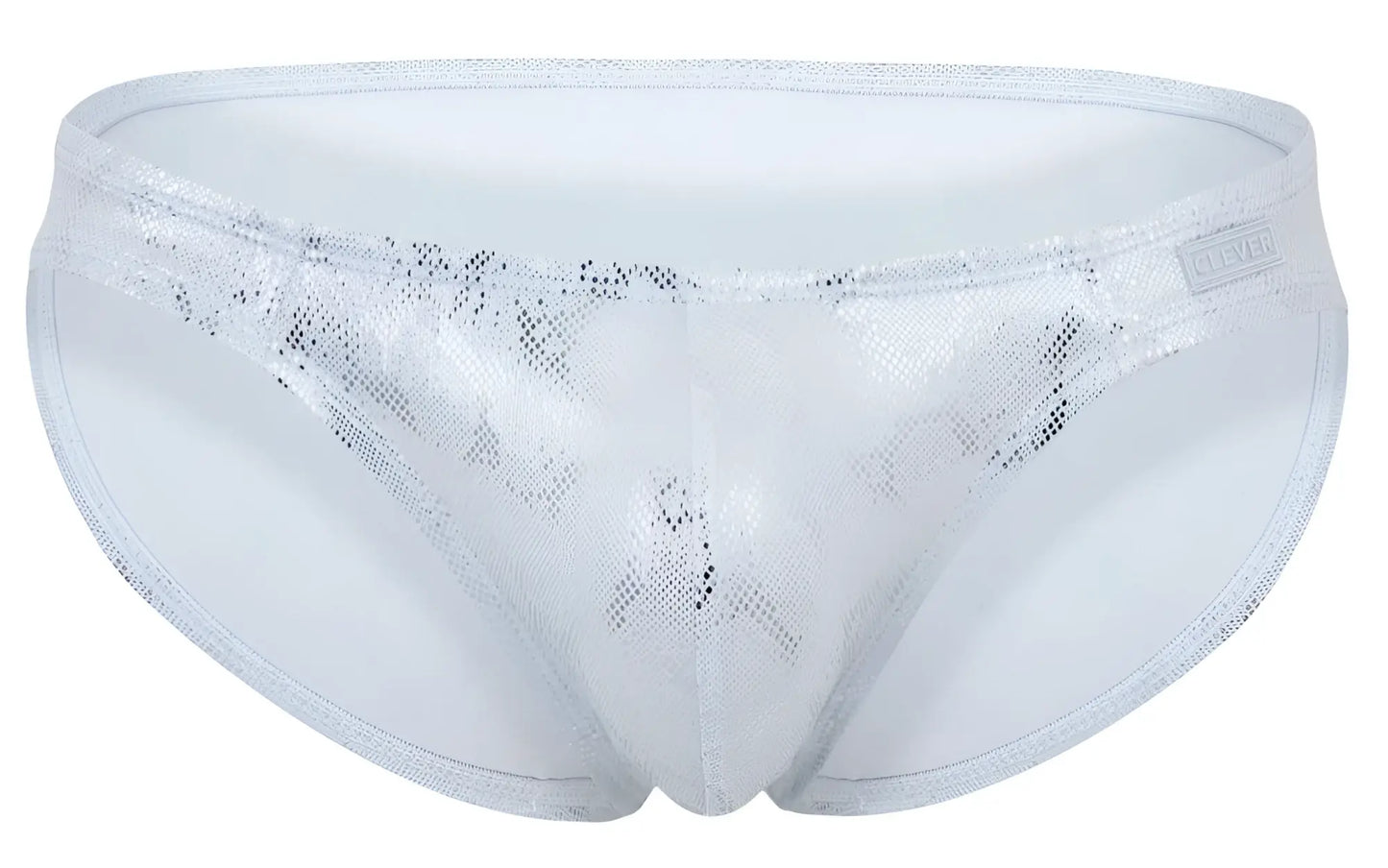 Silver sequined swim trunks with a mesh pattern and white trim from clever 2062 diamond briefs collection