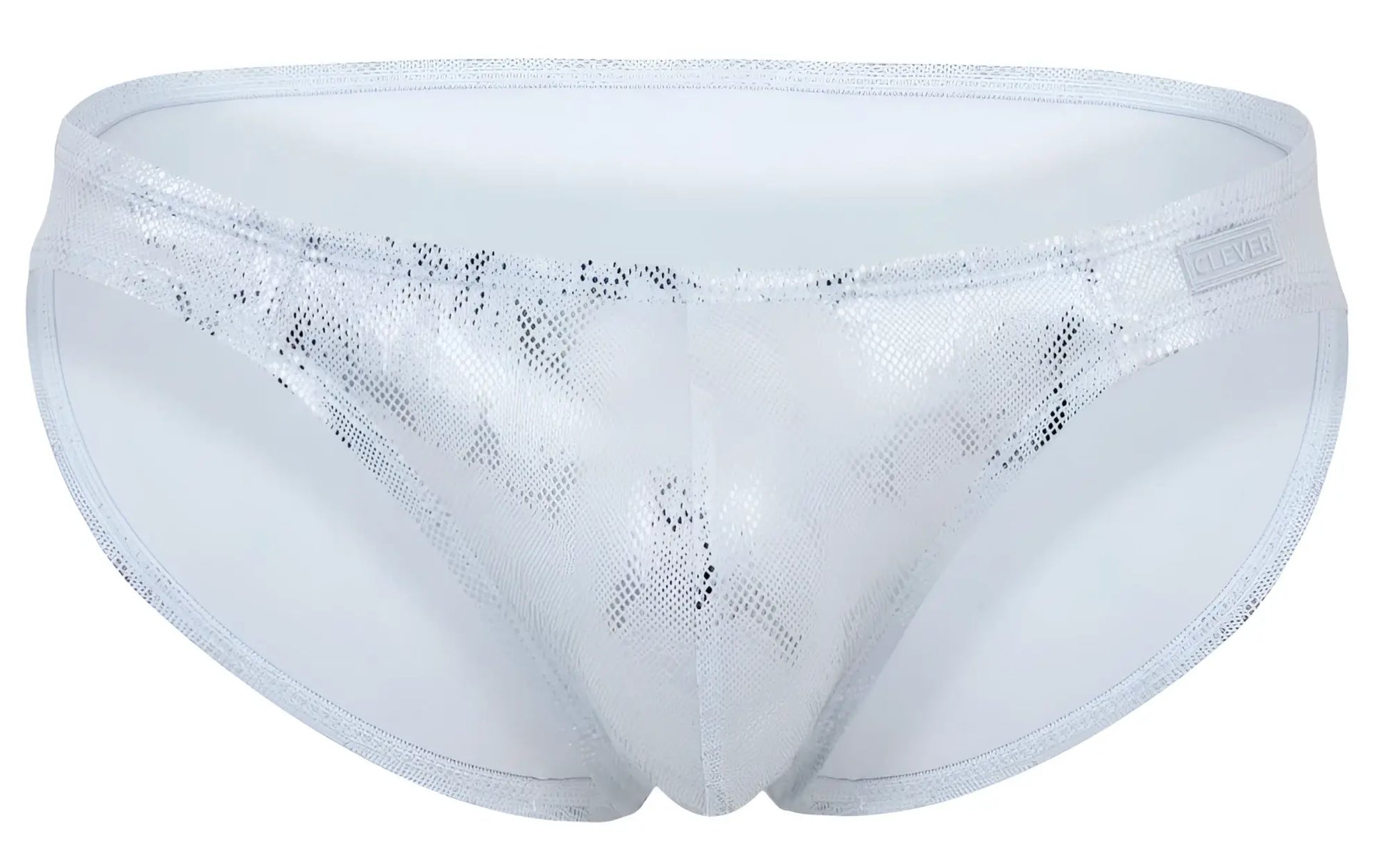 Silver sequined swim trunks with a mesh pattern and white trim from clever 2062 diamond briefs collection