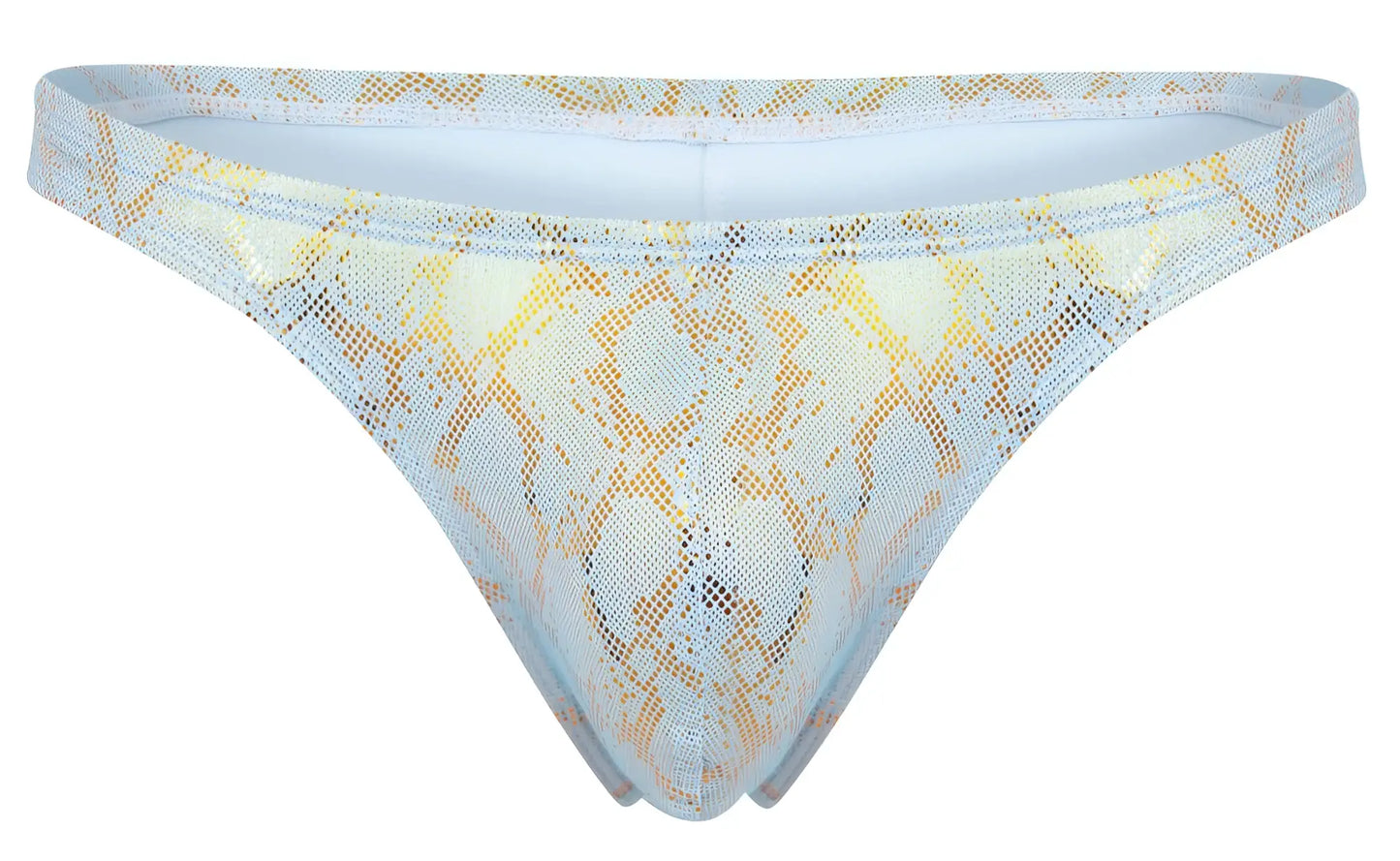 Light blue and gold snake print mesh thong clever 2063 diamond thongs color blue front view