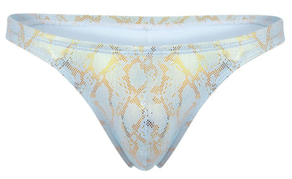 Light blue and gold snake print mesh thong clever 2063 diamond thongs color blue front view