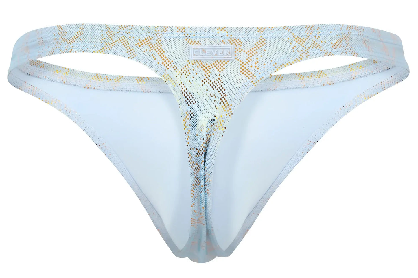 Light blue and gold snake print sheer mesh thong with clever brand label on waistband from clever 2063 diamond thongs collection