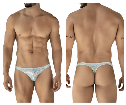 Light blue and white patterned clever 2063 diamond thong with subtle intricate design in front view
