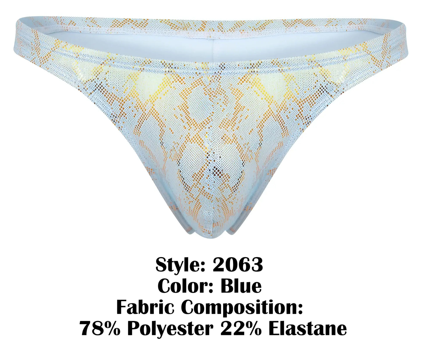 Blue clever 2063 diamond thong featuring snake-print mesh with sheer shimmering texture and delicate lace-like pattern