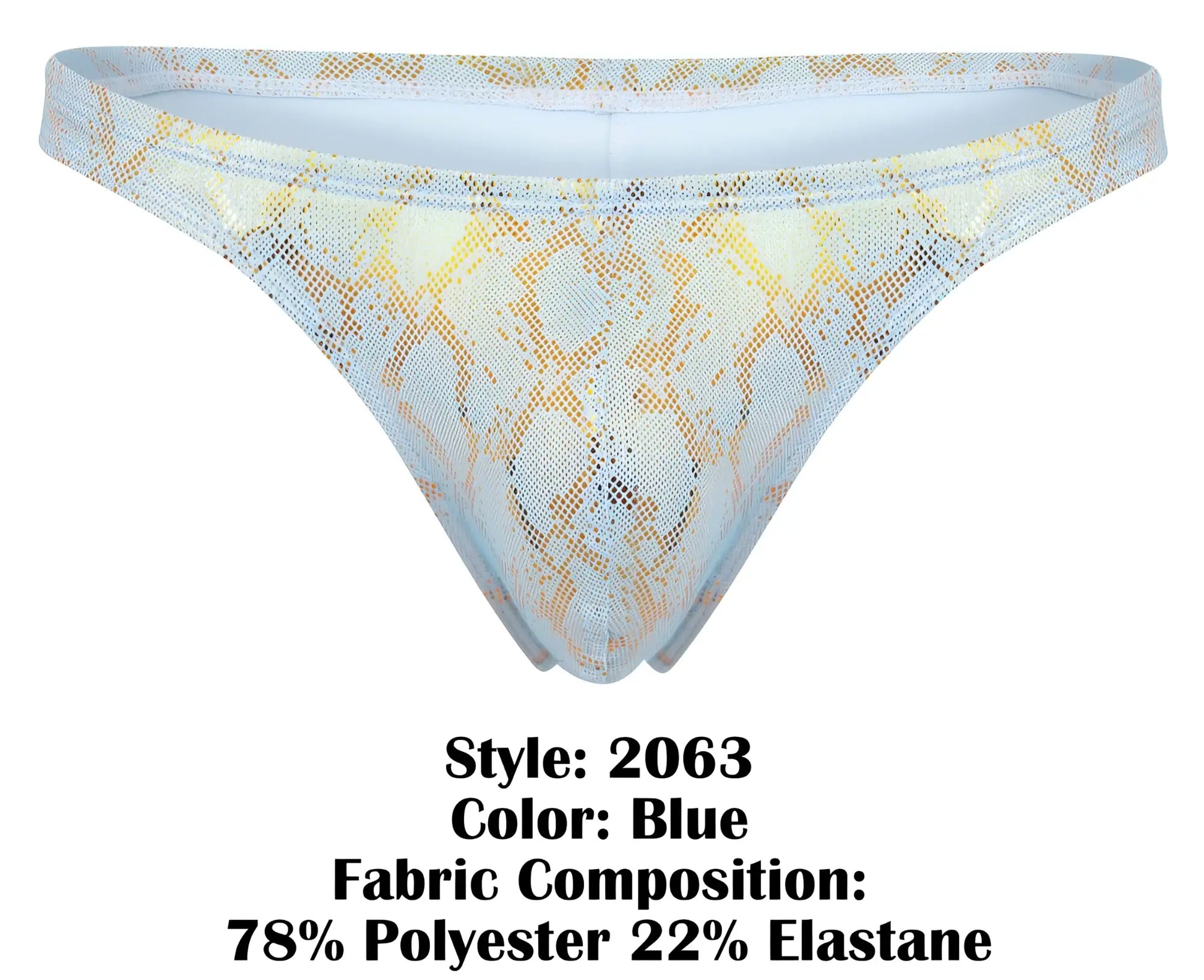 Blue clever 2063 diamond thong featuring snake-print mesh with sheer shimmering texture and delicate lace-like pattern