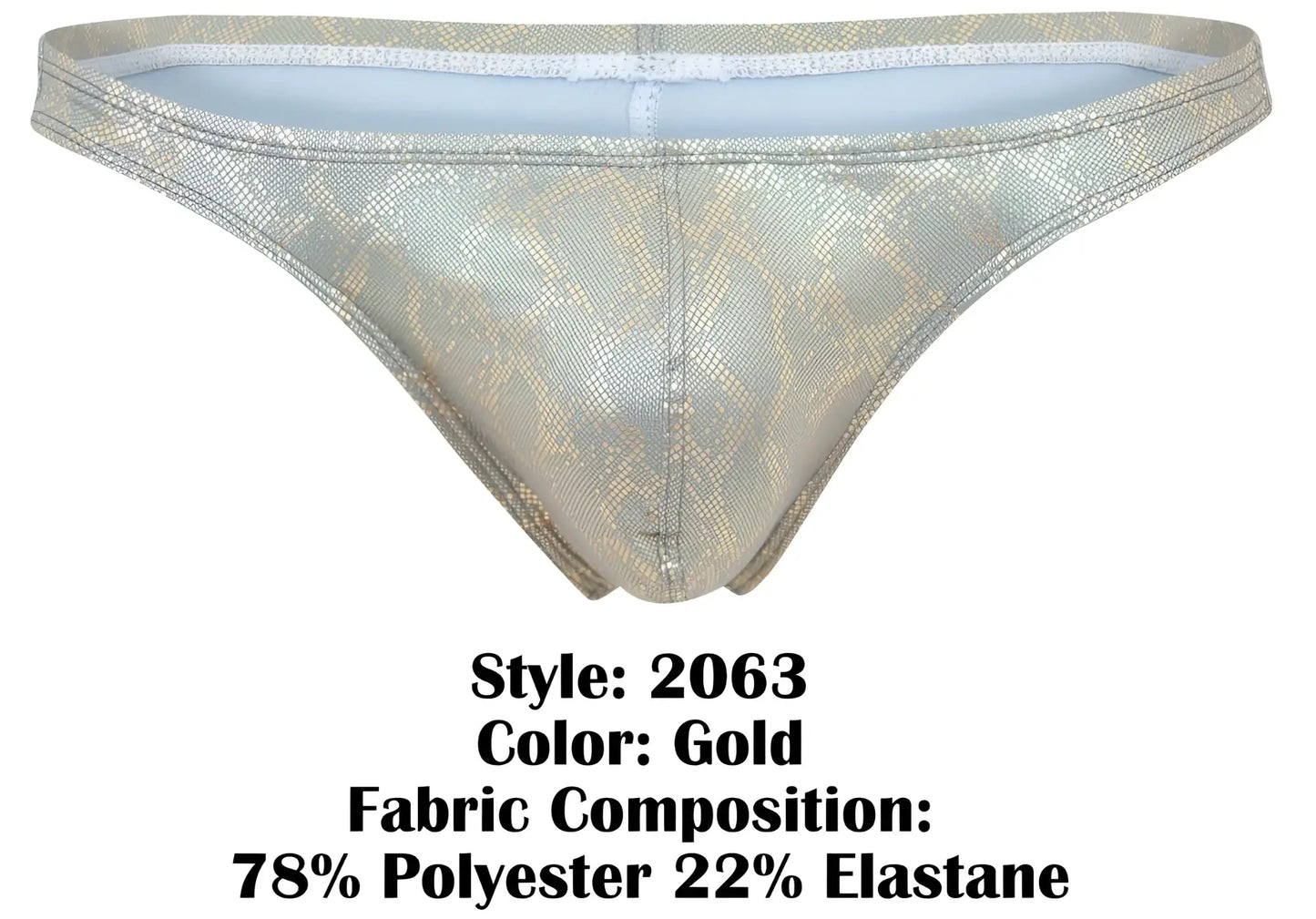 Gold-colored clever 2063 diamond thong with shiny snakeskin-patterned fabric made of polyester and elastane