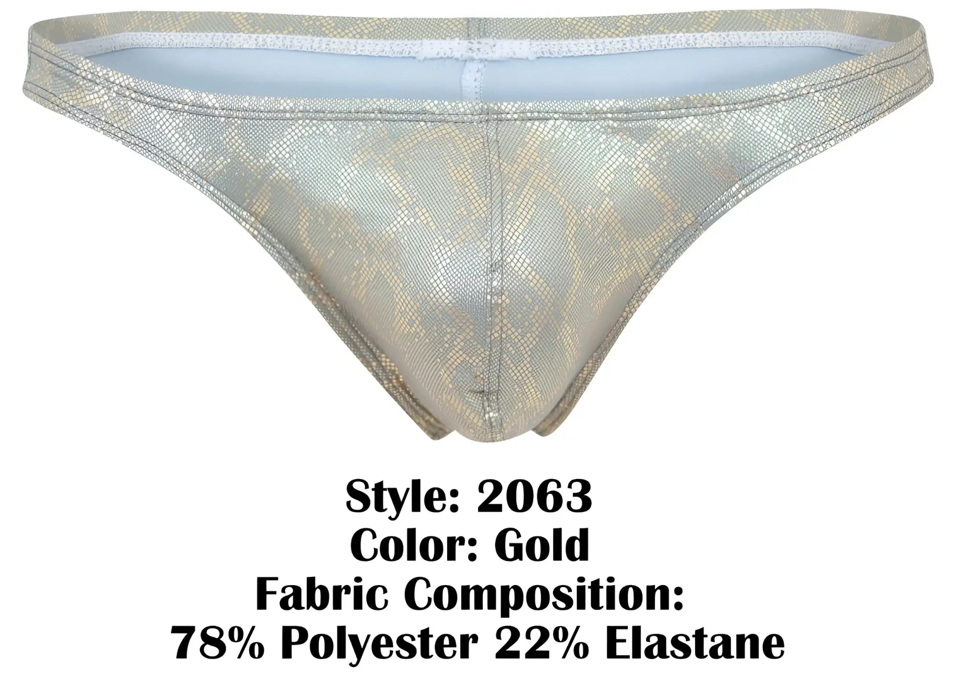 Gold-colored clever 2063 diamond thong with shiny snakeskin-patterned fabric made of polyester and elastane