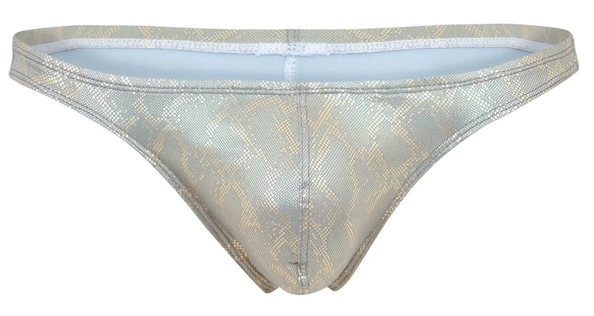 Shiny metallic gold snake-skin patterned thong with white lace trim and light blue interior lining clever 2063 diamond thong