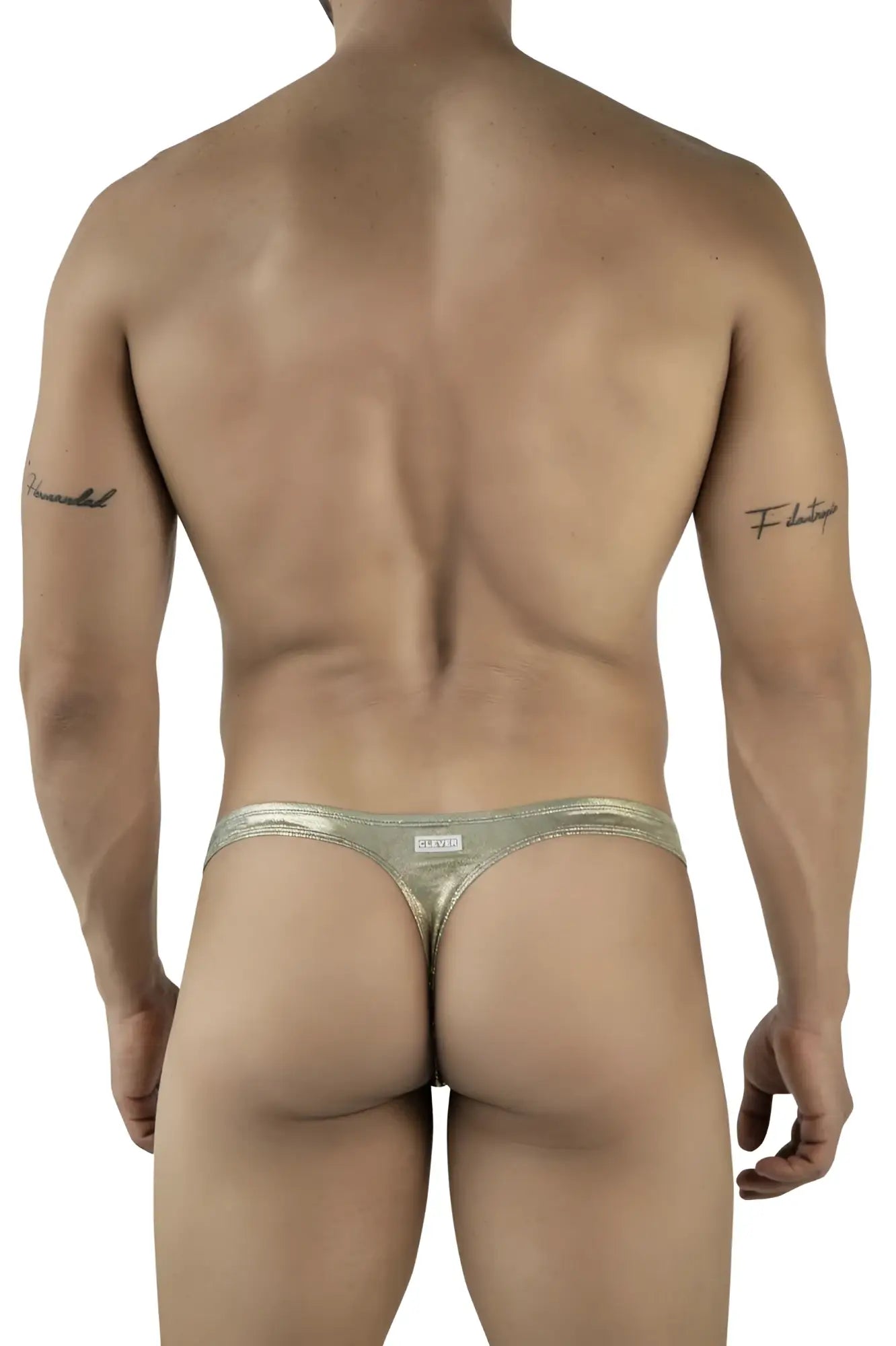 Shiny metallic gold clever 2063 diamond thong with sleek minimalist design and small brand tag visible from the back