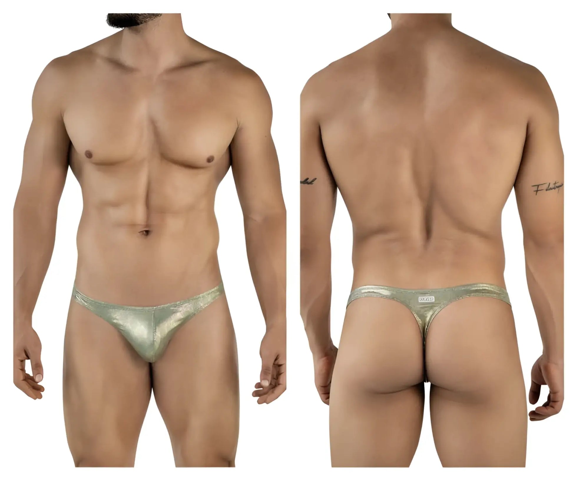 Shiny metallic gold clever 2063 diamond thong with sleek form-fitting design showing front side