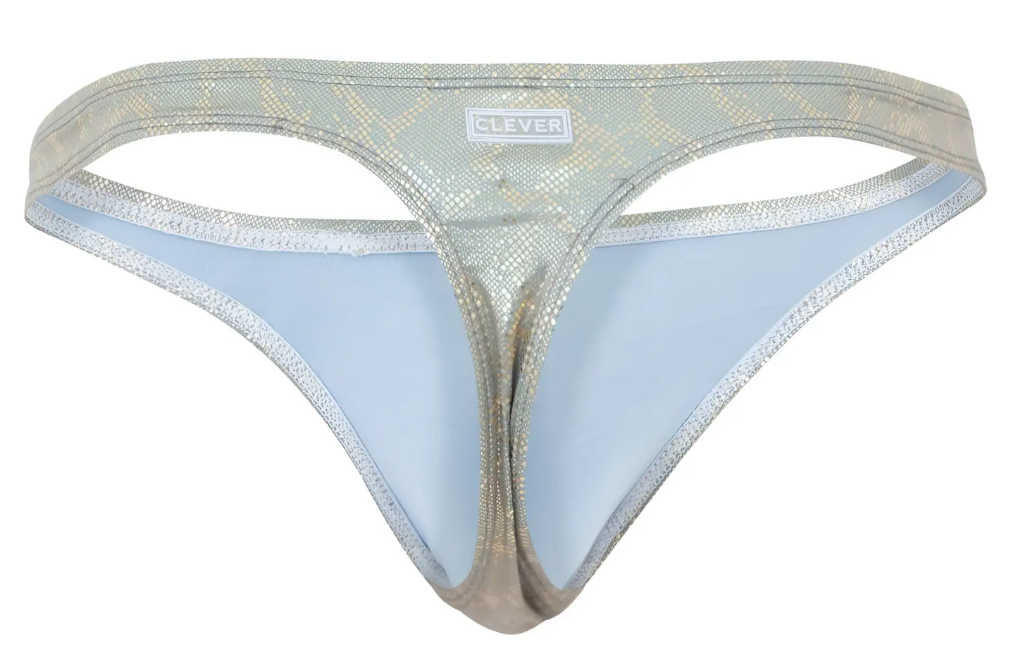 Silver metallic snake-scale patterned clever 2063 diamond thong with light blue lining in gold color