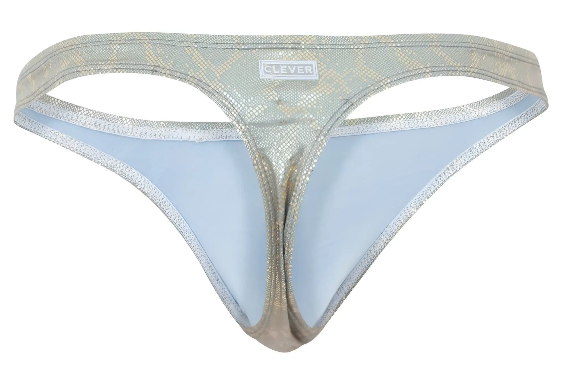 Silver metallic snake-scale patterned clever 2063 diamond thong with light blue lining in gold color