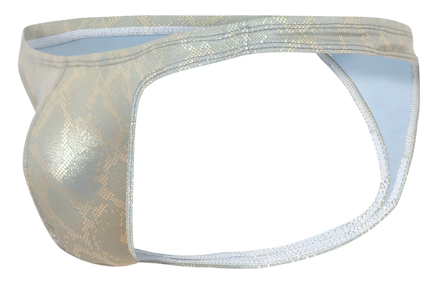 A shimmering silver snake print thong with light blue lining from clever 2063 diamond thongs gold collection