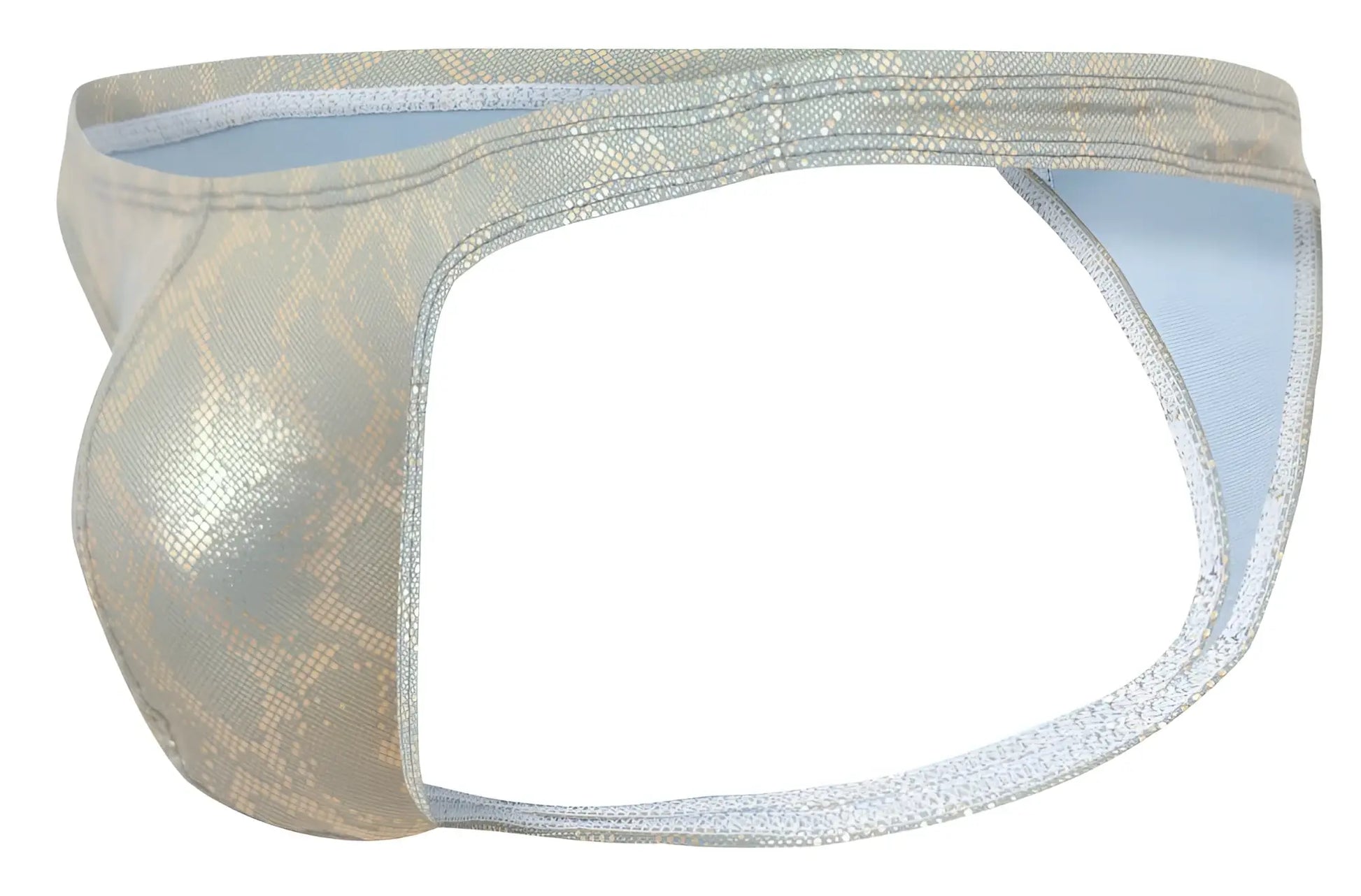 A shimmering silver snake print thong with light blue lining from clever 2063 diamond thongs gold collection