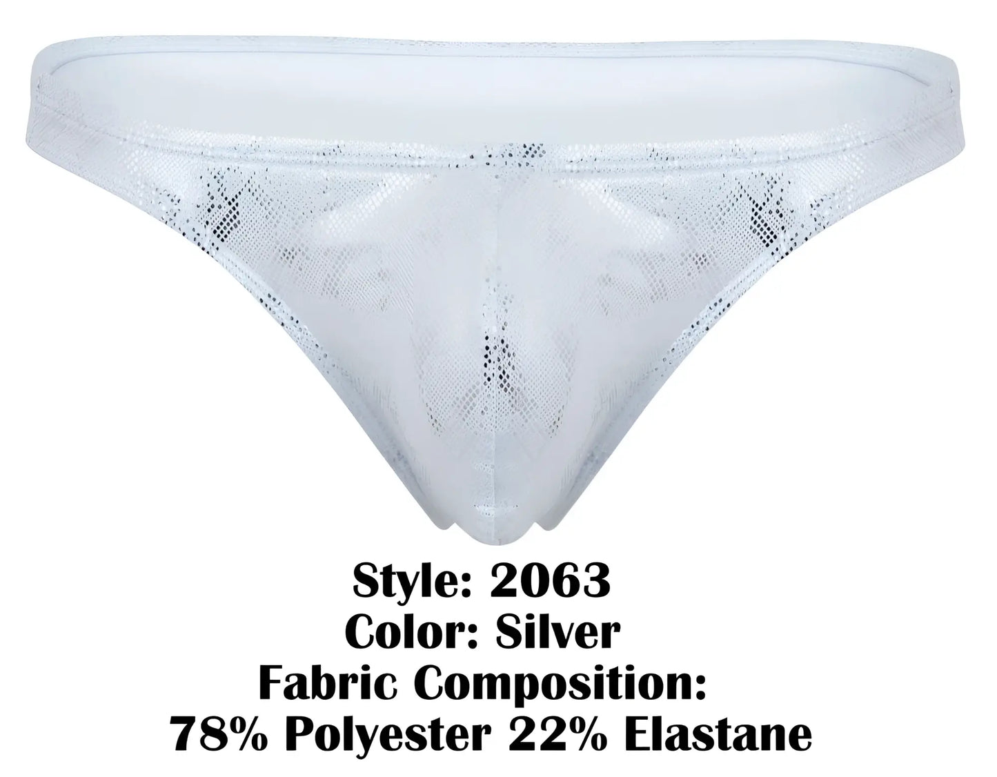 Silver clever 2063 diamond thong with lace trim shimmering mesh texture and subtle pattern on front side