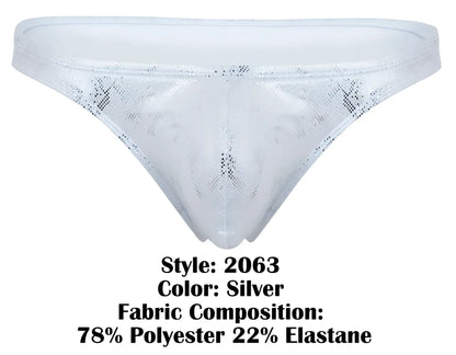 Silver clever 2063 diamond thong with lace trim shimmering mesh texture and subtle pattern on front side